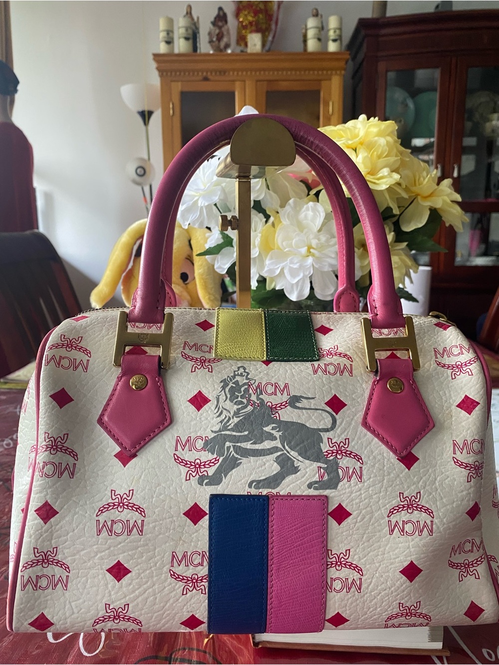 MCM White Satchel with Pink Handles and Multicolor Stripe Panels
